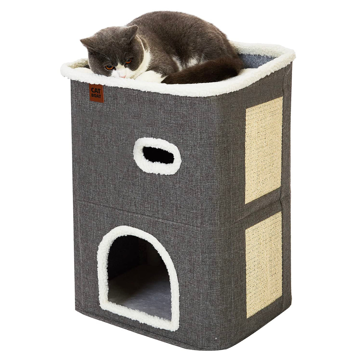 CATBOAT 2-Storey Cat House for Indoor Cats Bed, Covered Beds & Furniture with Scratch Pad and Hideaway Cave, Cute Modern Condo for Multi Small Pet Large Kitten Kitty, Grey CATBOAT