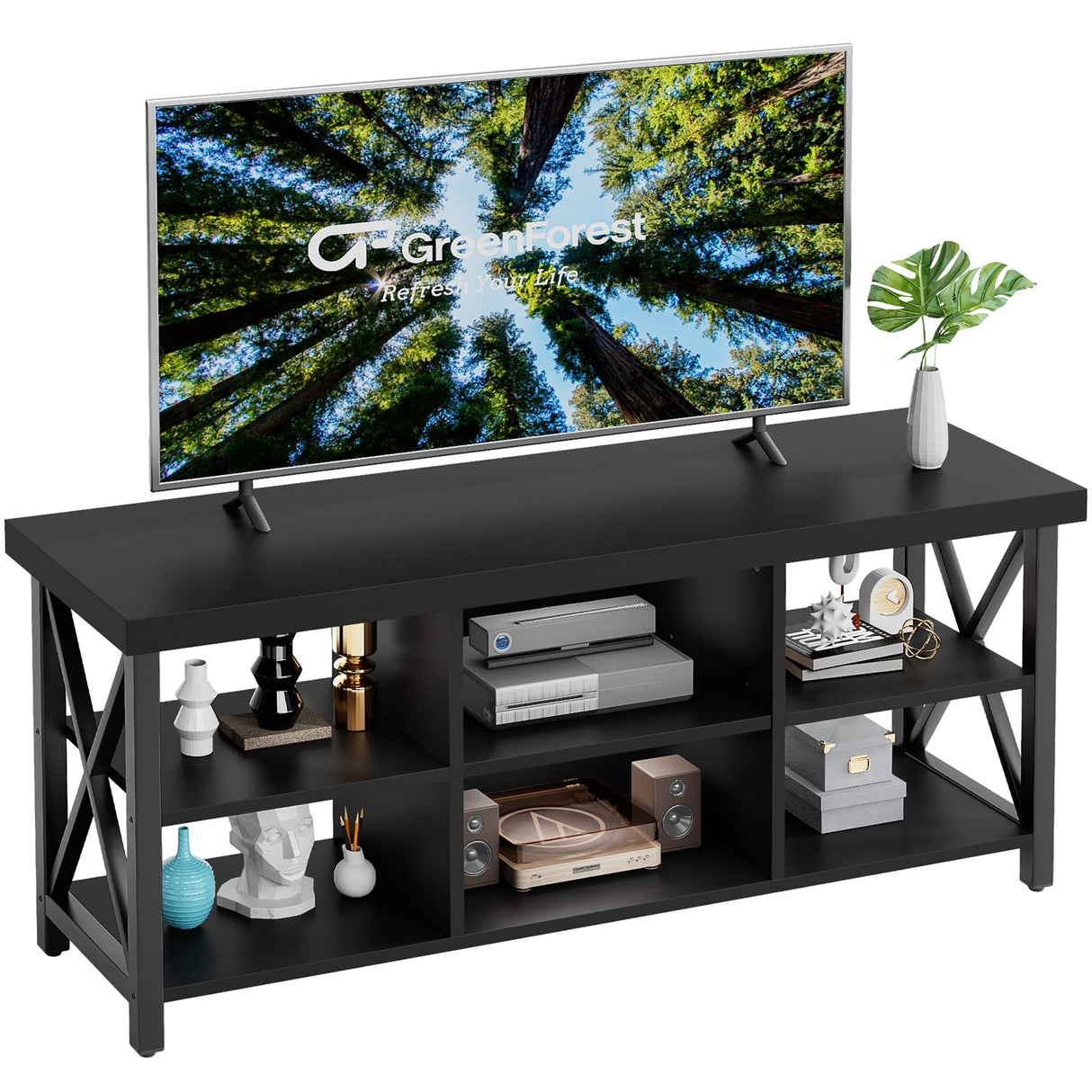 GreenForest TV Stand for TV up to 65 inches, Entertainment Center with 6 Storage Cabinet for Living Room, 55 inch Farmhouse Television Stands Console Table, Industrial TV stands for Living Room, Black GreenForest