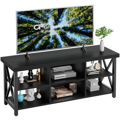 GreenForest TV Stand for TV up to 65 inches, Entertainment Center with 6 Storage Cabinet for Living Room, 55 inch Farmhouse Television Stands Console Table, Industrial TV stands for Living Room, Black GreenForest