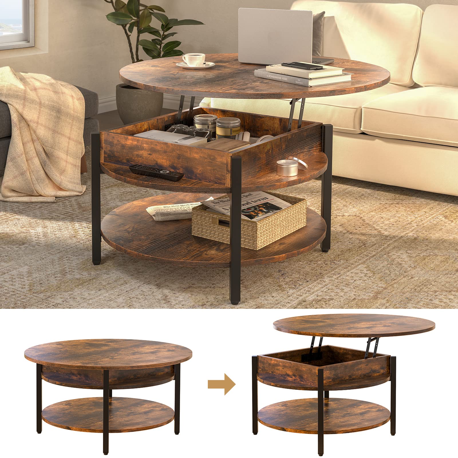 FABATO Round Lift Top Coffee Table for Living Room, 35.43'' Round Coffee Table with Storage and Hidden Compartment, 2 Tier Large Farmhouse Coffee Table Round Dining Table, Rustic Brown - WoodArtSupply