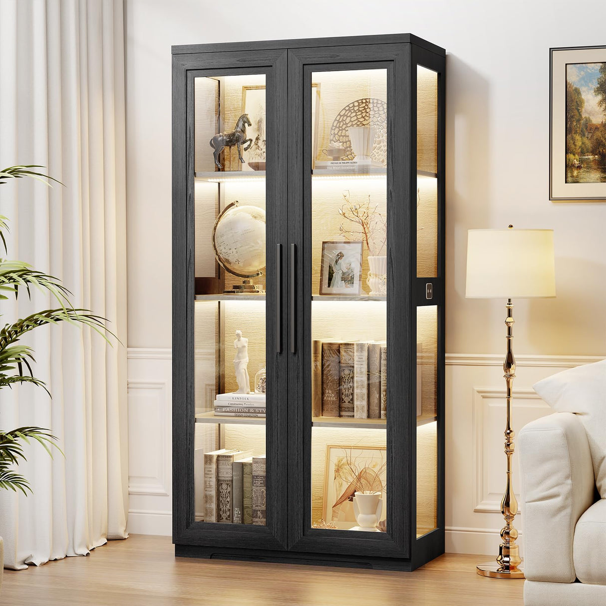 BROTTAR Display Cabinet with Glass Doors, Curio Cabinet with 4 Shelves for Collectibles, Bookcase with 3 Color LED Lights and Human Body Sensing, Glass Storage Cabinet with Buffer Hinge, Black BROTTAR
