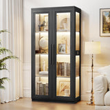 BROTTAR Display Cabinet with Glass Doors, Curio Cabinet with 4 Shelves for Collectibles, Bookcase with 3 Color LED Lights and Human Body Sensing, Glass Storage Cabinet with Buffer Hinge, Black BROTTAR