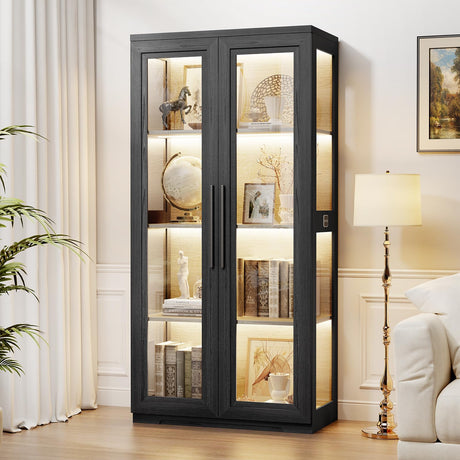 BROTTAR Display Cabinet with Glass Doors, Curio Cabinet with 4 Shelves for Collectibles, Bookcase with 3 Color LED Lights and Human Body Sensing, Glass Storage Cabinet with Buffer Hinge, Black BROTTAR