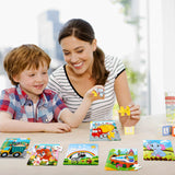 SANNIX 12 Pack Wooden Jigsaw Puzzles for Toddlers 3 4 5 Years Old, Party Favors Animals Jigsaw for Kids, Transportation Educational Puzzles Travel Toy with 12 Organize Bags SANNIX