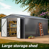 WKM 10x14 FT Outdoor Storage Shed, Utility Metal Tool Storage with Lockable Doors and Updated Frame Structure, Metal Garden Shed for Backyard, Patio Lawn, Black WKM