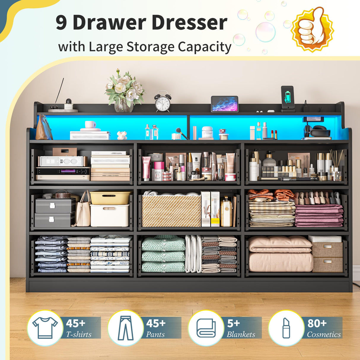 DurayLoly Modern Dresser for Bedroom with LED Light, 9 Drawer Black Dresser with Charging, Wooden Chest of Drawers, Large TV Stand for Bedroom DurayLoly