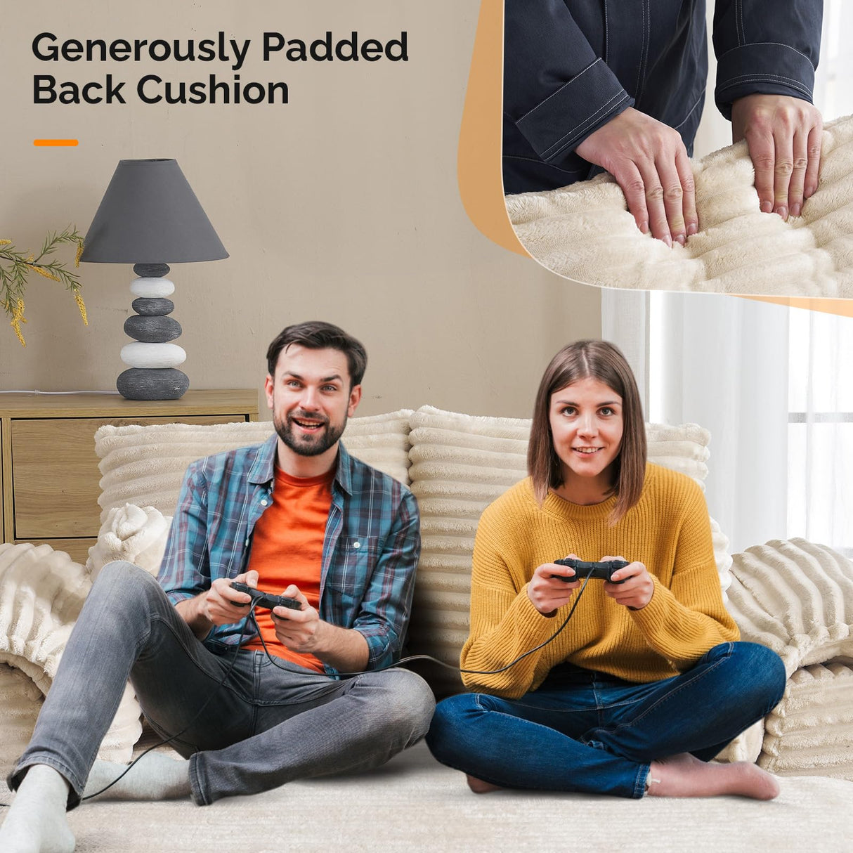 VINGLI 56" Oversized Chaise Lounge Chair, Beige Comfy Corduroy Chaise Sofa Recliner Bed Upholstered Sleeper Couch Bed with Throw Pillows and Armrests for Living Room, Movie Room, Bedroom VINGLI