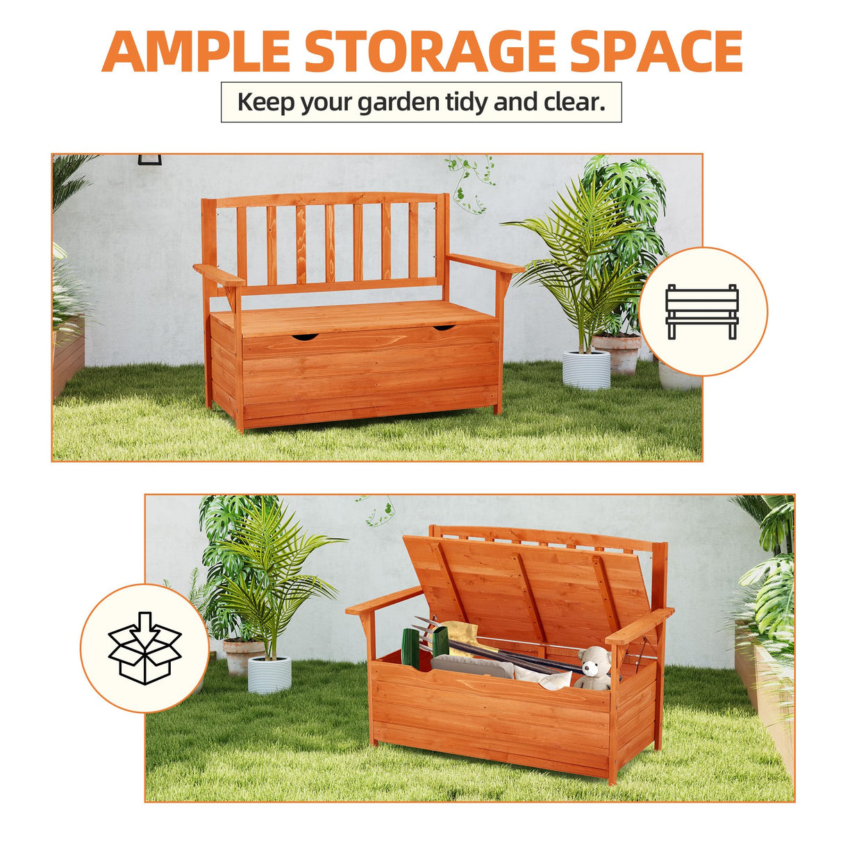 AVAWING Outdoor Storage Bench, Wooden Garden Bench Weatherproof, Patio Benches for Outside, 2-Seat Front Porch Bench, Park Bench for Deck, Lawn, Backyard(Natural) AVAWING