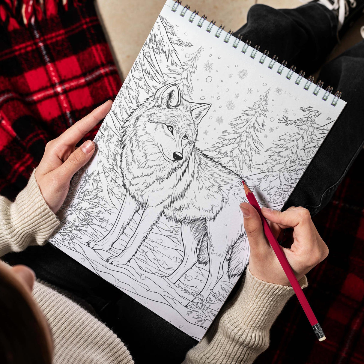 TPLHOUSE Winter Wolf Coloring Book Spiral Bound for Adults, Premium Cover, 30 Beautiful Coloring Pages of Majestic Wolves in Winter Scenes Stress Relief and Relaxation TPLHOUSE