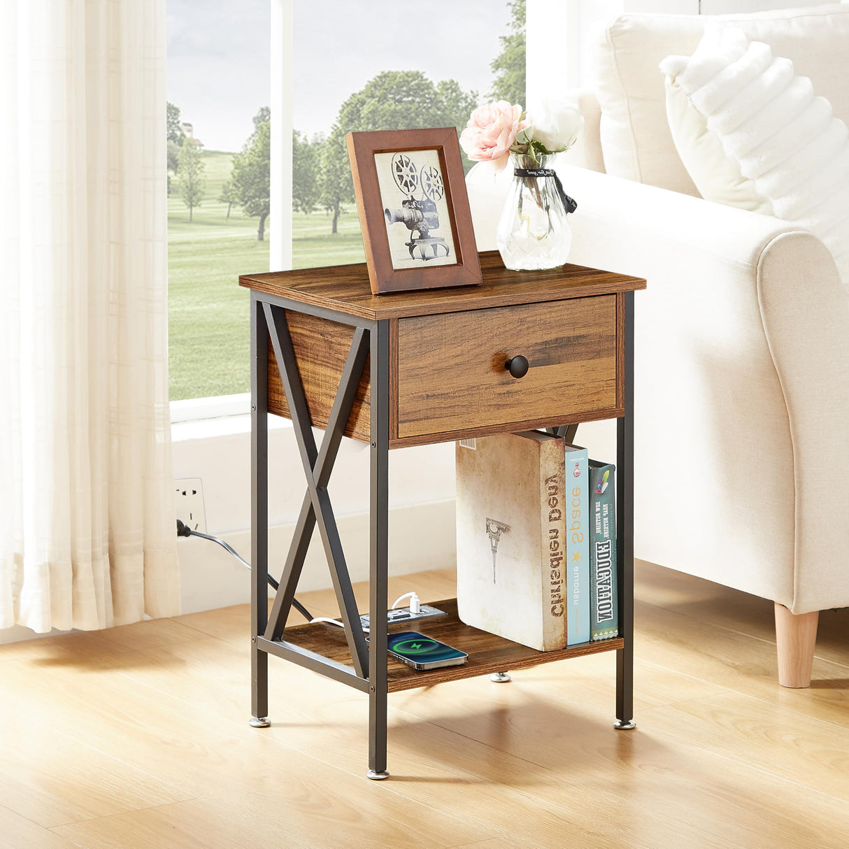 VECELO Nightstand, Bedside End Tables with Charging Station, USB Ports, Drawer Shelf, Night Stand for Bedroom Living Room 2-Pack, Brown VECELO