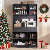 NBYSGO 71" Pantry Cabinet with Power Outlets and Led Lights,Freestanding Kitchen Pantry Storage Cabinet with Microwave Stand,Tall Kitchen Hutch with Storage Drawers,Dining Room,Black NBYSGO