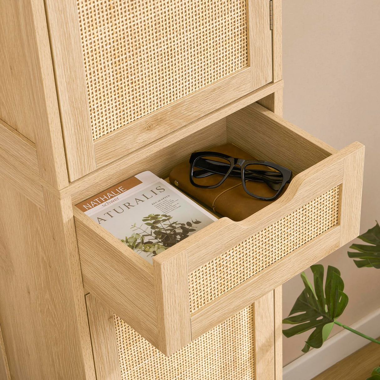 Iwell Tall Bathroom Cabinet with Doors, Rattan Storage Cabinet with Adjustable Shelves, Freestanding Narrow Linen Cabinet for Living Room, Entryway, Kitchen, Home Office, Natural Iwell