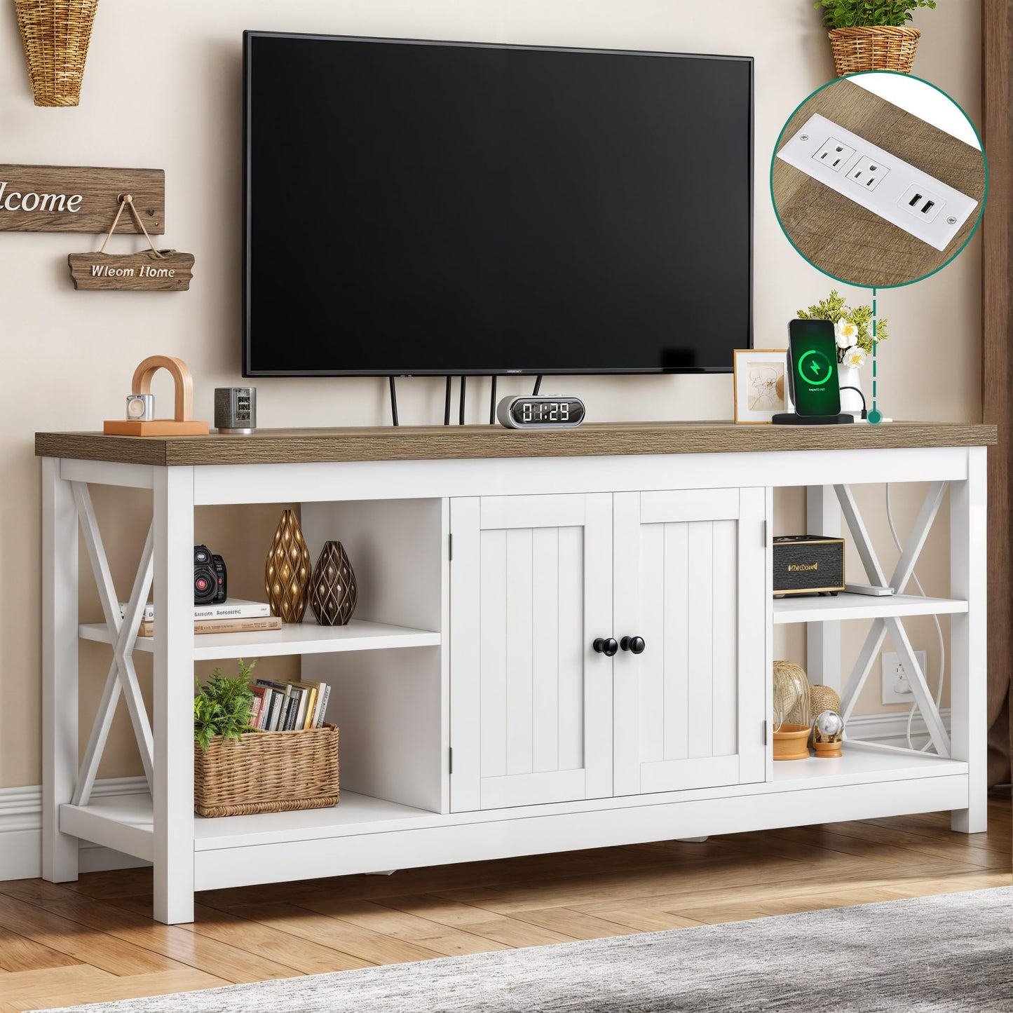 YITAHOME TV Stand for Living Room, Farmhouse Entertainment Center with Power Outlet for TVs up to 65 60 55 Inch, Rustic Media Console TV Cabinet with Open Shelves and Adjustable Shelf, White