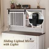 White Makeup Vanity Desk with Power Outlet 42"W Farmhouse Vanity Table with Sliding Mirror and Adjustable 3-Mode Lights Girls Dressing Table with Adjustable Shelves and Side Cabinet for Bedroom Algherohein