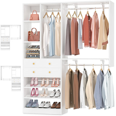 Besiost Closet System - 5FT Small Closet System with Drawers, 60" Closet Organizer System with Reversible Hanging Shelving, Closet Systems for Small/Walk-in Closets, White