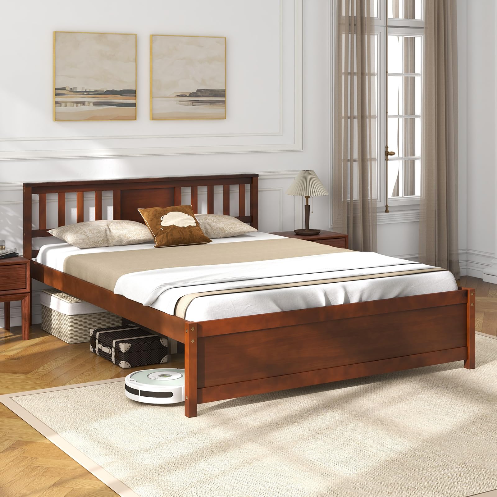 Giantex Mid Century Walnut Queen Size Solid Wood Platform Bed Frame with Headboard and Slat Support - WoodArtSupply