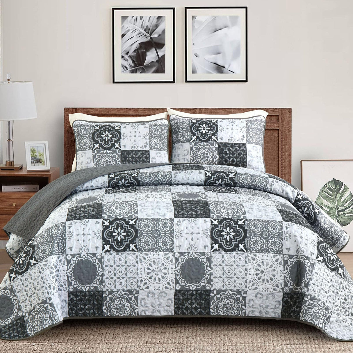 Dobuyly Grey Black Quilt Set Queen Size, Boho Plaid Patchwork Bedspreads Coverlet Set, 3 Pieces Soft Lightweight Microfiber Farmhouse Quilt Bedding Set for All Seasons 96"x90" Dobuyly