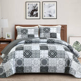 Dobuyly Grey Black Quilt Set Queen Size, Boho Plaid Patchwork Bedspreads Coverlet Set, 3 Pieces Soft Lightweight Microfiber Farmhouse Quilt Bedding Set for All Seasons 96"x90" Dobuyly