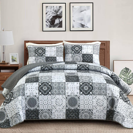 Dobuyly Grey Black Quilt Set Queen Size, Boho Plaid Patchwork Bedspreads Coverlet Set, 3 Pieces Soft Lightweight Microfiber Farmhouse Quilt Bedding Set for All Seasons 96"x90" Dobuyly