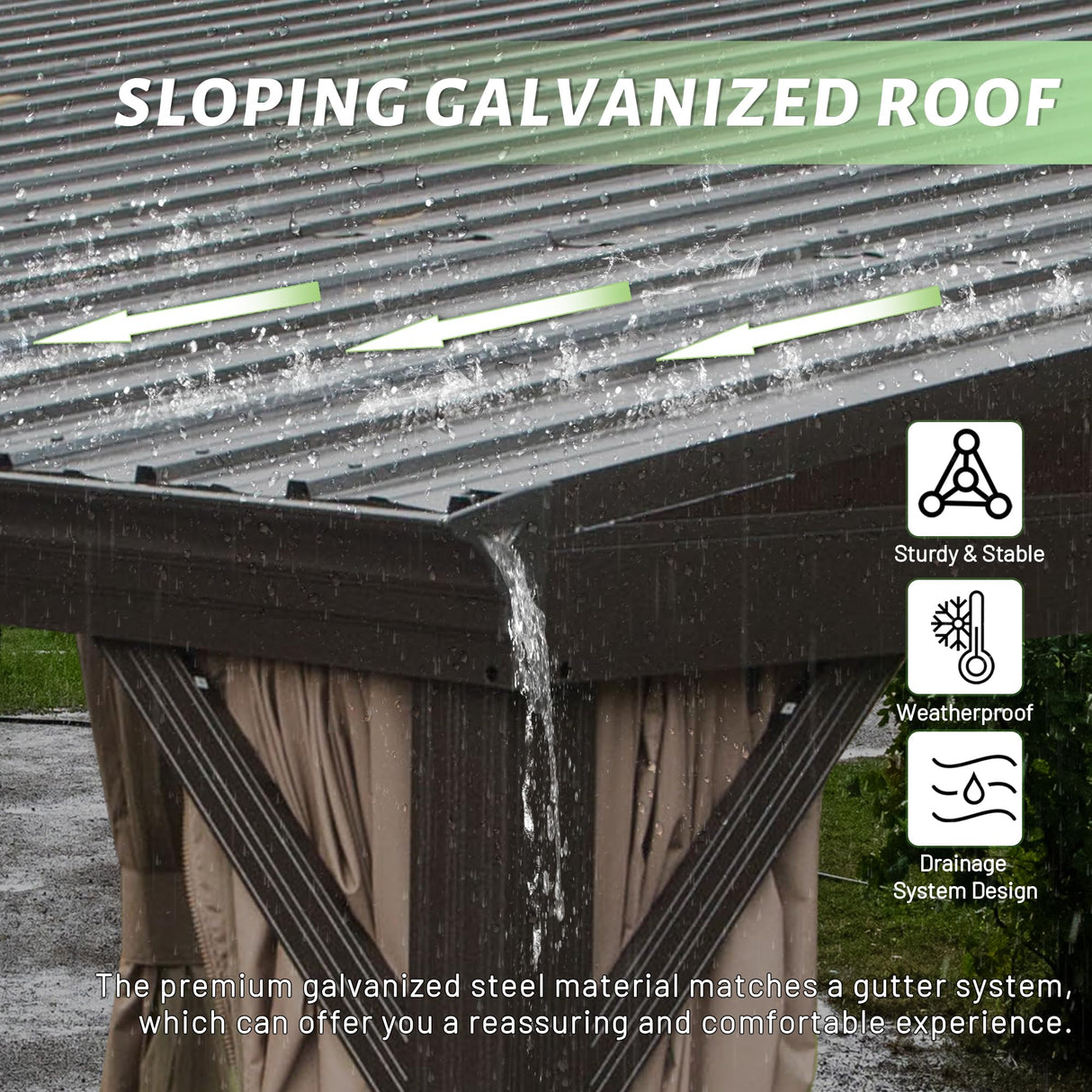 Domi 12x14FT Lean to Gazebo, Aluminum Wall Mounted Gazebo with Sloping Galvanized Steel Roof, Curtains and Netting, Outdoor Hardtop Gazebo Pergola for Patio, Deck, Garden, Backyard domi outdoor living