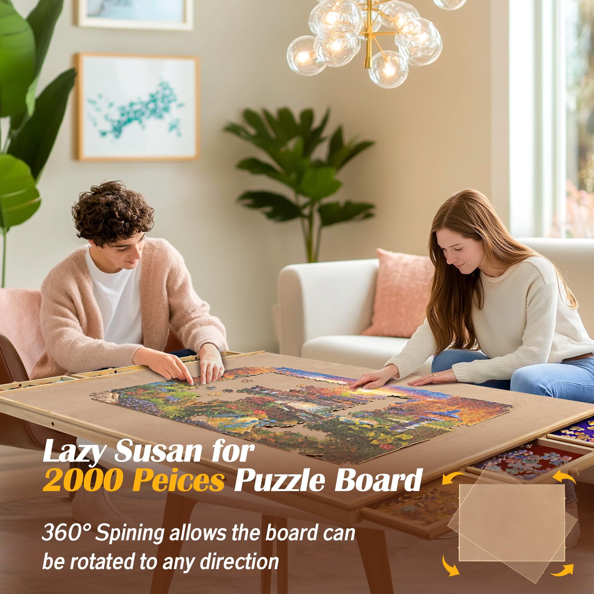 Becko US 2-in-1 Tilting & Rotating Puzzle Board 2000 Pieces, Wooden Jigsaw Puzzle Table with 6 Colorful Drawers & Cover Mat, Adjustable Tables with Storage for Adults, with Premium Flannel Ta - WoodArtSupply