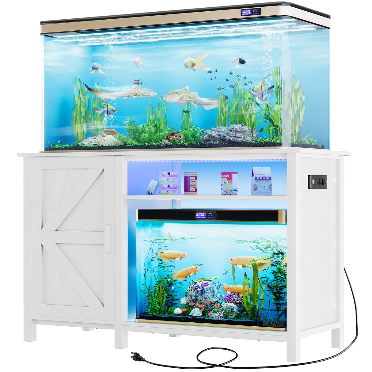 YITAHOME Aquarium Stand with Power Outlets, 55-75 Gallon Fish Tank Stand, Cabinet with RGB Light Strip Suitable for Turtle Tank, Reptile Terrarium, 900LBS Capacity,White YITAHOME