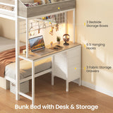 VIAGDO Bunk Bed Twin Over Twin with Charging Station and LED Lights, Heavy Duty Metal Bunk Bed with Desk and 3 Storage Drawers, Utility Storage Shelf and Boxes, No Box Spring Needed, White VIAGDO