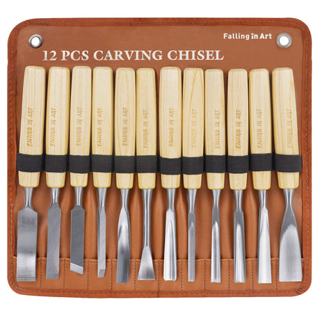 Falling in Art 12Pcs Wooden Carving Chisel Set, Long Handle Woodworking Tools Set with a Leather Pouch, Full Size Knife Gouge Kit for Carving Projects, Ideal for Beginners and Professionals Falling in Art