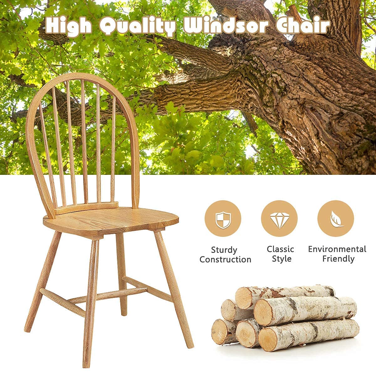 Giantex Wood Dining Chairs Set of 4, Windsor Chairs with Solid Wood Legs, High Spindle Back, H-Shaped Crossbars, Vintage Country Farmhouse Style Wooden Side Chairs Giantex