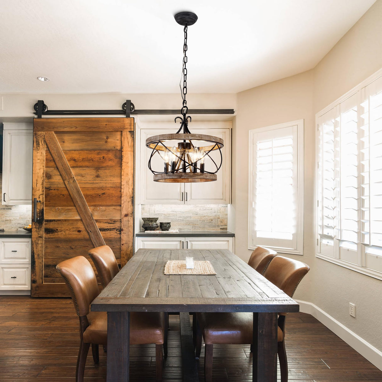 20" Farmhouse Chandelier, 5-Light French Country Drum Chandelier Over Table, Wood Chandelier for Kitchen Island Dining Room Entryway Chords Attic