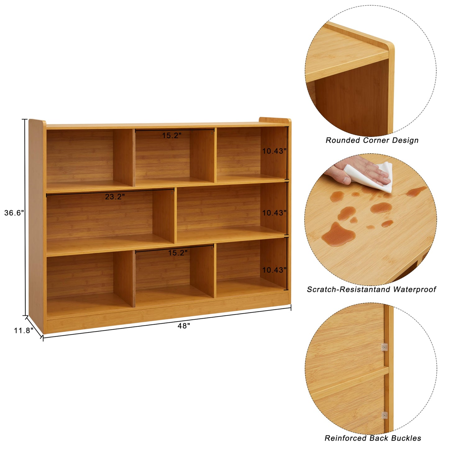 3-Tier Bookshelf, 8-Section Wooden Bookcase, Storage Organizer with Anti-Tilt Device, Modern Storage Display Cabinet for Living Room, Classroom, Kid’s Room (Natural)