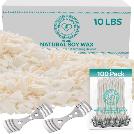 Hearts & Crafts Candle Wax - Soy Wax for Candle Making Kit - 10 lbs Wax Flakes, 100 Pieces 6-Inch Candle Wicks, 2 Metal Centering Devices - Soy Candle Wax Bulk and DIY Candle Making Supplies Hearts & Crafts
