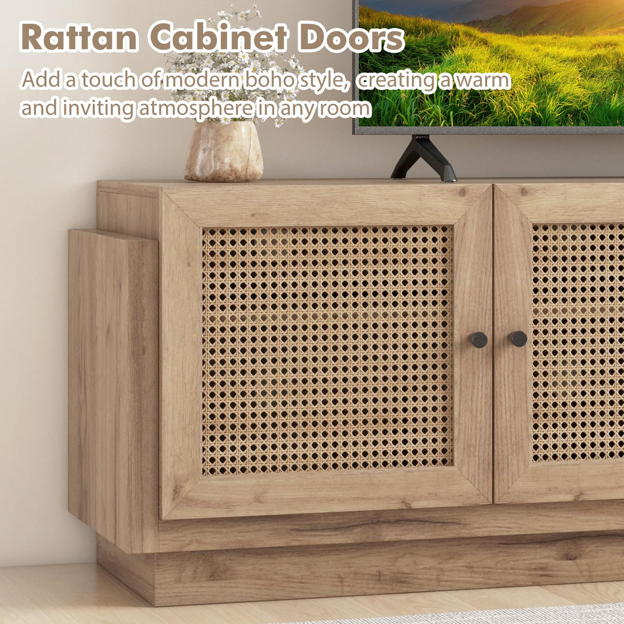 Tangkula Farmhouse TV Stand for TVs Up to 75-Inch, PE Rattan Entertainment Center with Storage and Adjustable Shelves, Mid Century Modern TV Console with 2 Cabinets and 8 Cable Holes for Living Room Tangkula
