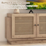 Tangkula Farmhouse TV Stand for TVs Up to 75-Inch, PE Rattan Entertainment Center with Storage and Adjustable Shelves, Mid Century Modern TV Console with 2 Cabinets and 8 Cable Holes for Living Room Tangkula