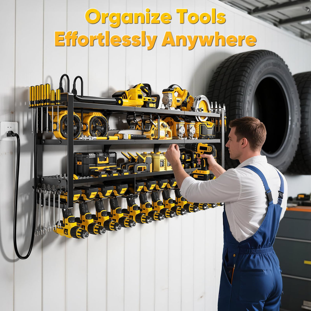 POKIPO 49.5" W Large Power Tool Organizer Wall Mount with Charging Station, 4-Tier Heavy Duty12 Cordless Drills Holder Load 600 lb, Tool Battery Storage Rack Built in 8 Outlet Power Strip for Garage POKIPO