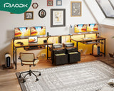 AODK 55" Computer Desk with Fabric File Cabinet and Drawer, Reversible Office Desk with Power Outlet and LED Light, Study Desk with Printer Stand, Keyboard Tray, Monitor Riser and PC Stand, Vintage AODK