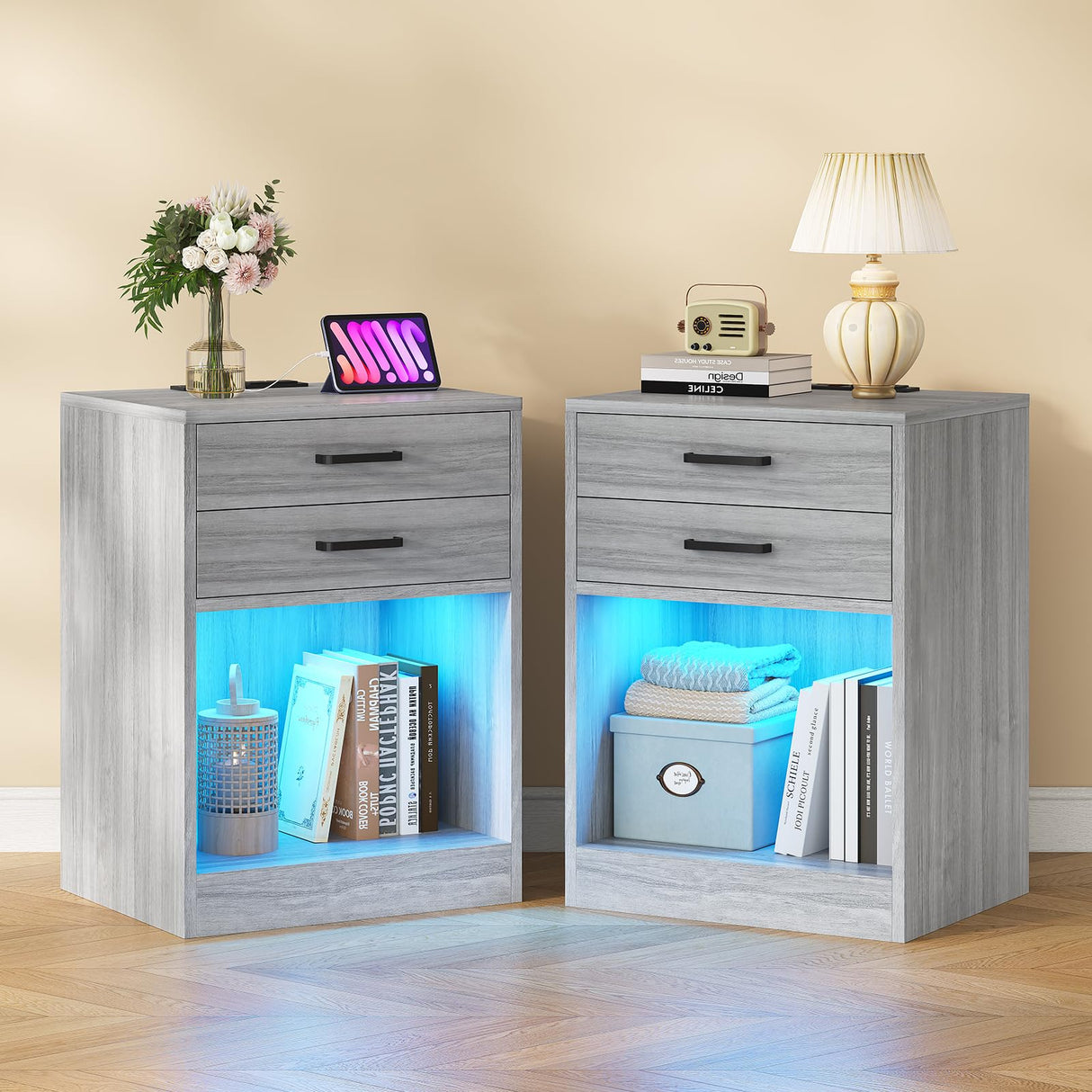 ADORNEVE LED Nightstands Set of 2,Night Stands for Bedrooms Set of 2,Nightstand with Charging Station and LED Lights,Bedside Table with Drawers & USB Ports (Grey) ADORNEVE