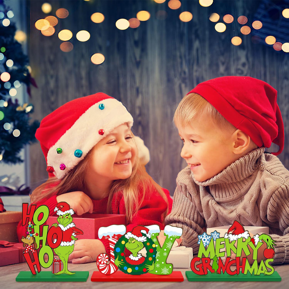 3 Pieces Christmas Table Signs Decorations, Merry Christmas Wooden Centerpiece Ornaments, Joy Wood Desktop Signs Decor for Kitchen Home Winter Whoville Xmas Holidays Theme Party Supplies CIOEY