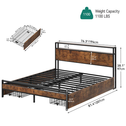 YITAHOME King Size Bed Frame with 4 Storage Drawers and Charging Station - Brown Metal Platform Bed - WoodArtSupply