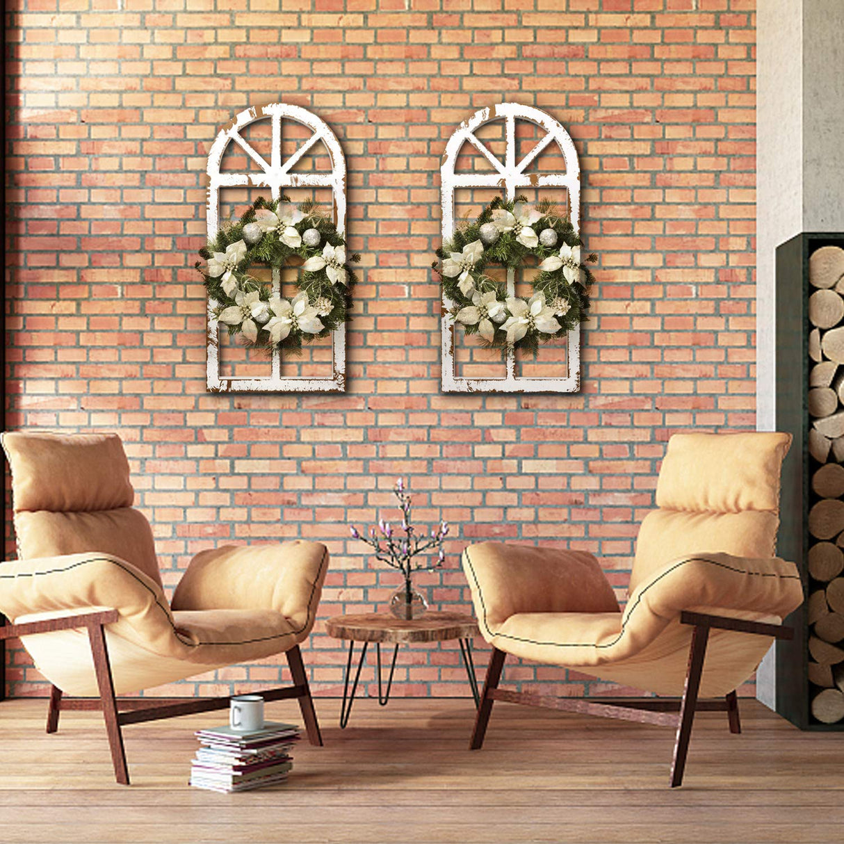 Toppay 2-Pack Distressed Arched Cathedral Window Frame Wall Decor, Antique White, 32 inchx16 inch Toppay