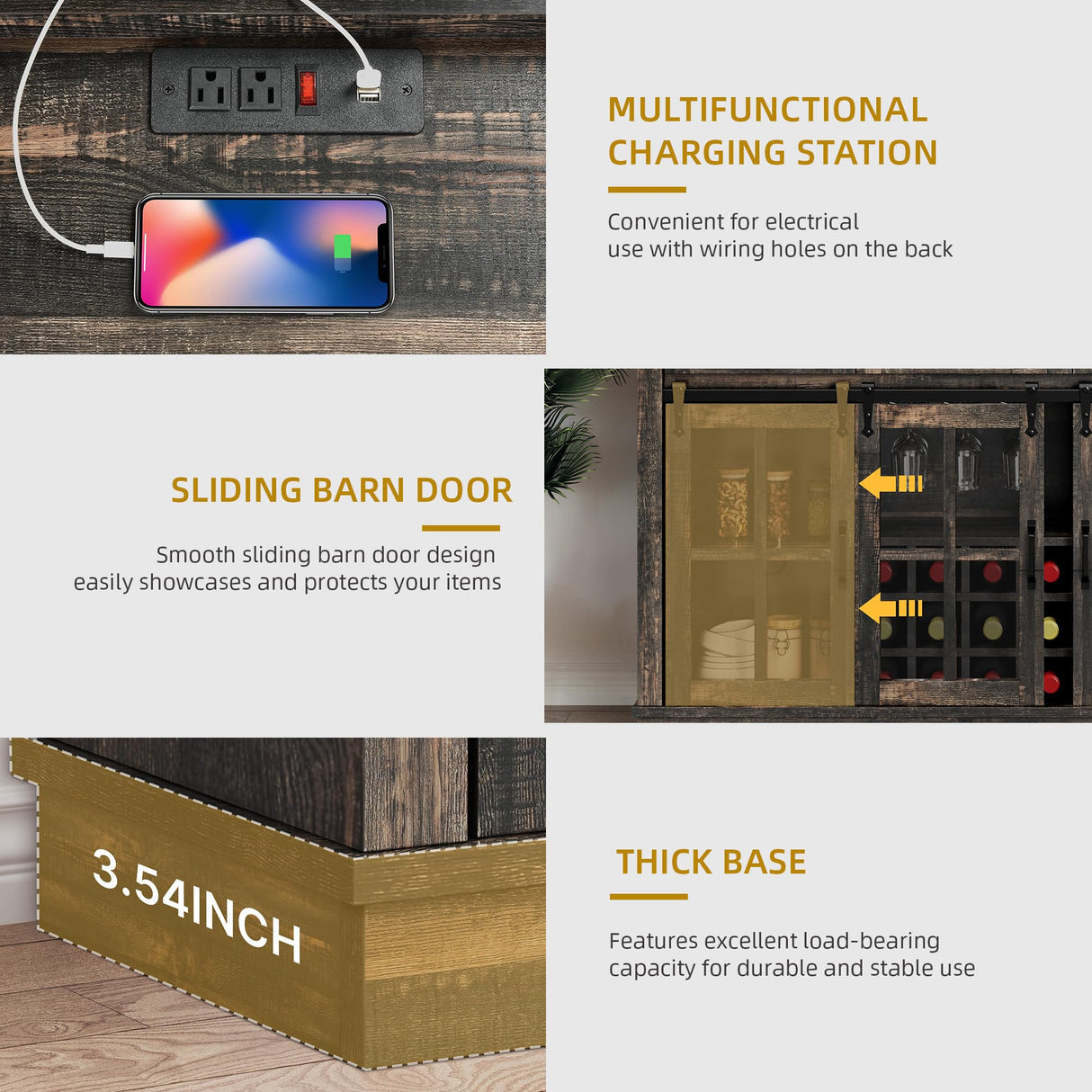 YITAHOME 53" Wine Bar Cabinet for Liquor and Glasses, Farmhouse Kitchen Sideboard Buffet Coffee Bar Cabinets with 3 Drawers and Glass Sliding Barn Door for Kitchen & Living Room, Dark Rustic Oak YITAHOME