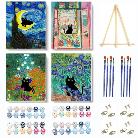 VIGEGU 4 Pack Paint by Numbers Kit for Adults Framed Canvas - with Wooden Easel,Adults' Paint-by-Number Kits Black Cat DIY Acrylic Landscape Oil Painting Arts Crafts 7.8x11.8inch VIGEGU