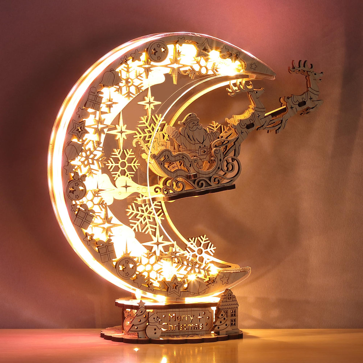 FUNPOLA LED 3D Wooden Puzzle Christmas Night Flight Moon Lamp, DIY Craft Kit Festive Nightlight for Holiday Décor, Unique for Adults and Kids,Brown FUNPOLA