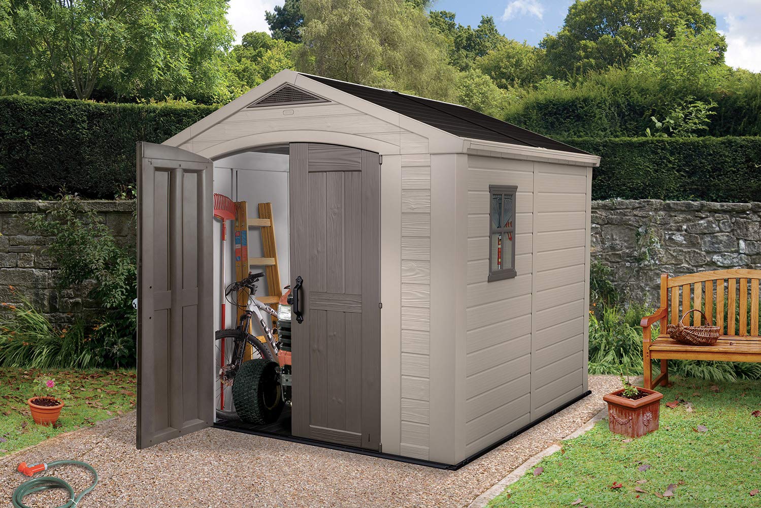 Keter Factor 8x8 Foot Large Resin Outdoor Shed with Floor for Patio Furniture, Lawn Mower, and Bike Storage, Taupe & Brown - WoodArtSupply