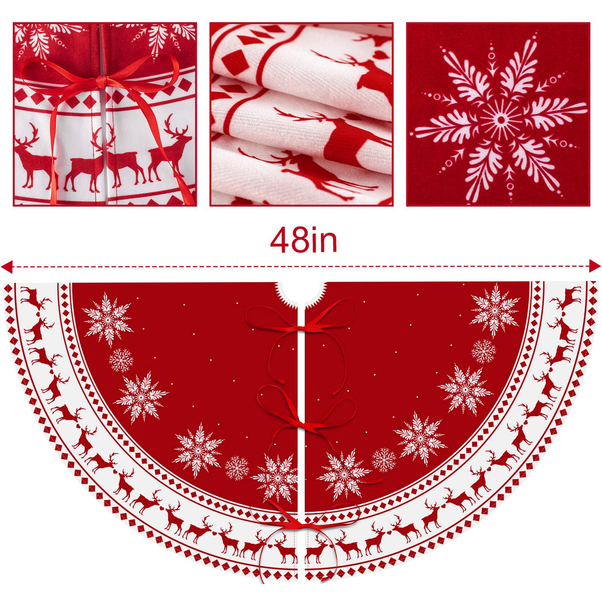 Christmas Tree Skirt 48 inch Tree Skirt Large Snowflake Reindeer Red Xmas Tree Skirt Rustic Christmas Decorations for Winter New Year Holiday Party Decor Indoor Outdoor Lukisesy