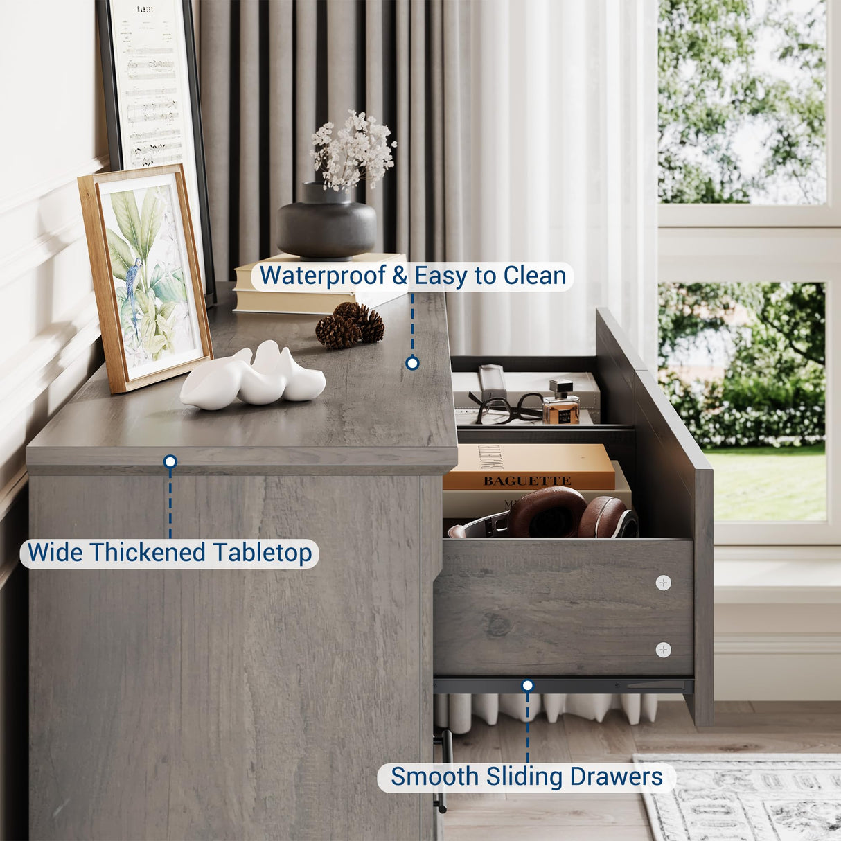 IDEALHOUSE Grey 6 Drawer Dresser for Bedroom, Farmhouse Large Double Chest of Drawers with Metal Handles, Rustic Wooden Dresser for Living Room, Hallway IDEALHOUSE