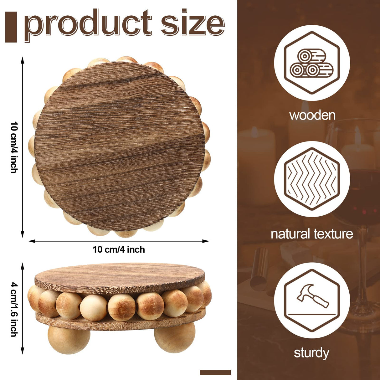 2 Pcs Wooden Risers for Displays Round Wood Riser Distressed Wood Risers Farmhouse Pedestal Display Stand Rustic Pedestal Stand Decor Beaded Display Risers for Tiered Trays Home (Brown, 3.94 Inch) Yookeer