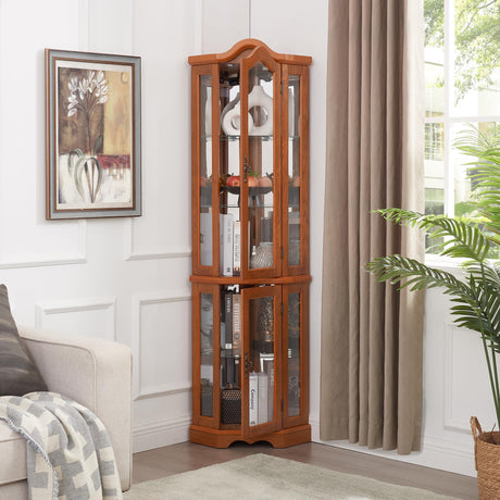 XZTUAJ 66" H Lighted Corner Curio Cabinet, 5 Tier Glass Display Cabinet with Adjustable Shelves and Mirror Back Panel, Corner Curio Storage Rack Wood Display Case for Living Room & Kitchen (Oak) XZTUAJ