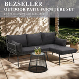 Bezseller 3-Piece Outdoor Patio Furniture Set – L-Shaped Rattan Sectional Sofa with Detachable Lounger, Glass Coffee Table & 4" Cushions – All-Weather PE Wicker for Backyard, Porch, Poolside Bezseller