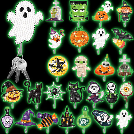 Landical 25 Pcs Luminous Halloween Diamond Painting Kits for Adults Glow in The Dark Ghost DIY Diamond Art Adhesive Key Holder Rhinestone Dot Gem Art Kits Wall Hooks for Towel Hat Kitchen Decoration Landical